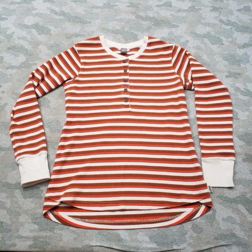Duluth Trading Co Top Womens Medium Orange Henley Long Sleeve Striped